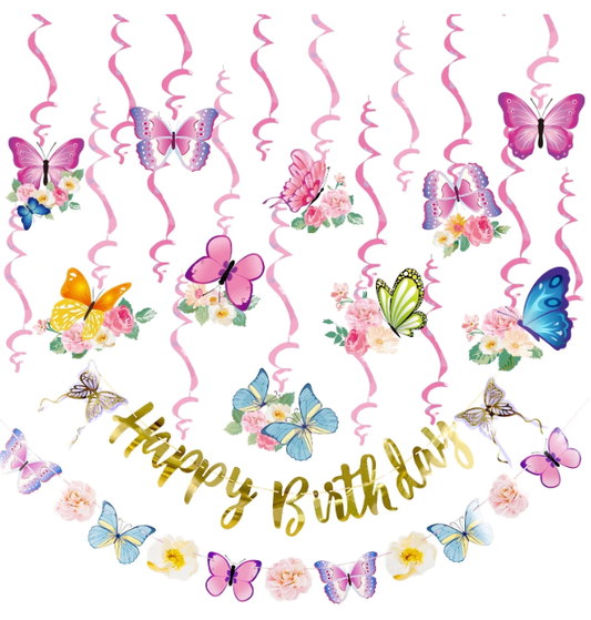 SUNBEAUTY 21pcs Butterfly Birthday Decorations Happy Birthday Banner Hanging Flowers Swirls Pink Butterfly Decor for Girls