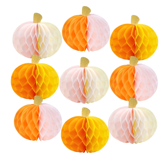 SUNBEAUTY  9Pcs Fall Decorations Pink and Orange Pumpkin Honeycomb Decor for Halloween Party