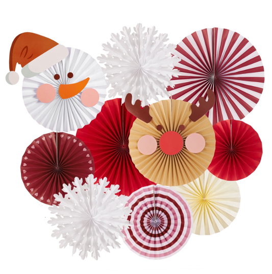 SUNBEAUTY 10pcs Christmas Hanging Decoration Red White Paper Fans Xmas Snowman Party for Wall Winter Christmas Party Supplies