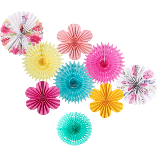 SUNBEAUTY 9pcs Pink Paper Flower Decorations Hanging Paper Fans for Weddding Birthday Tea Party Decoration
