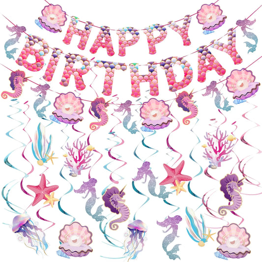 SUNBEAUTY 33Pcs Mermaid Party Supplies Hanging Happy Birthday Banner and Swirls for Ocean Theme Party