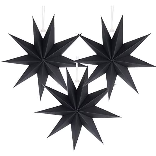 SUNBEAUTY 3pcs 9-Pointed Black Paper Star Lantern Hanging Star Lampshade for Birthday Wedding Party Decoration